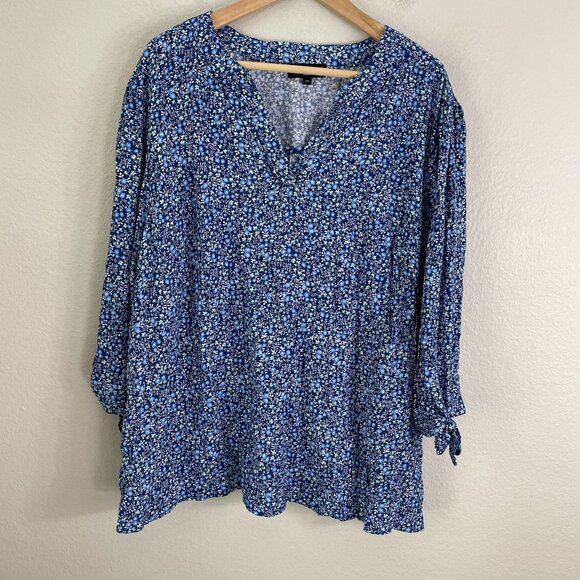 Cynthia Rowley Womens Plus 2X Blue Floral Rayon Blouse Top 3/4 Sleeve Shirt - Picture 7 of 10